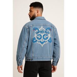 Ninetysix North Hip-Hop Denim Jacket 1X Embroidered Snake Graphic Streetwear